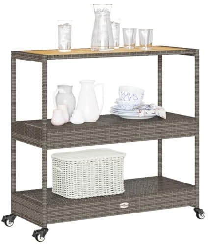 Tomostar Desserte de Jardin, Chariot de Bar Desserte Extérieur 3 Niveaux Gris rotin et Bois d'acacia Massif