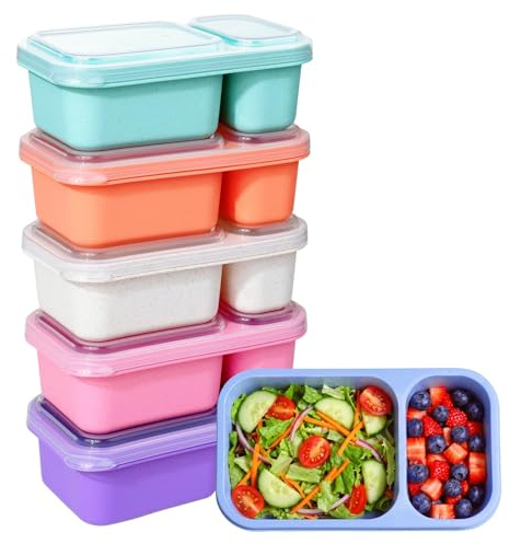 Surflyee 6 Piezas Cajas de Aperitivos con 2 Compartimentos, Reutilizables | Loncheras Bento con Tapa Transparente, Fiambreras Divididos Apilables para Trabajo, Escuela, Viajes, Picnics
