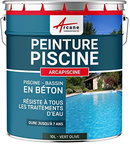 Peinture piscine, bassin béton, ciment, décoration, imperméable, bleu, blanc, gris, grise, jaune sable, noir, vert : Arcapiscine - 10 L Vert Olive - RAL 6003 - ARCANE INDUSTRIES