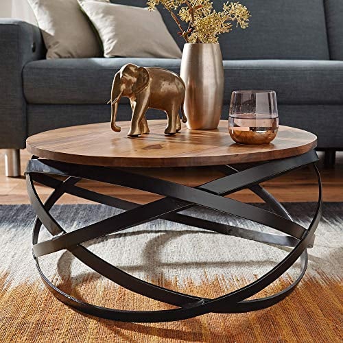 Wohnling Couchtisch MANUR 60x30x60 cm Sheesham Massivholz/Metall Sofatisch, Design Wohnzimmertisch Rund, Stubentisch Industrial Braun, Designer Holztisch Kaffeetisch Massiv, Tisch Wohnzimmer