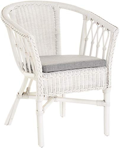 Korb-Outlet Stapelbarer Rattan-Sessel/Stuhl aus Natur-Rattan inkl. Polster in der Farbe Weiß