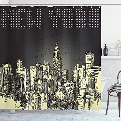 ABAKUHAUS New York Rideau de Douche, Empire State Grunge NYC, Tissu Ensemble de Décor de Salle de Bain avec Crochets, 175 cm x 240 cm, Gris Jaune