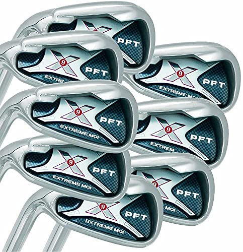 Left Handed PFT X9 Extreme MOI Iron Set +1 inch Over Big & Tall Men's Complete 8-Piece Iron Set (4-SW) Steel Shaft Regular Flex Club (Tall 6'0+ / +1 Over) with Midsize Black Pro Velvet Grips