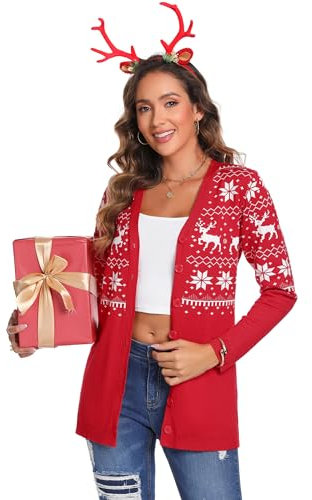 iClosam Gilet Noel Femme en Tricot Cardigan Femme Chic avec Bouton Chandail Manches Longues Élégante Veste, Rouge/Blanc, M