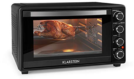 Klarstein Masterchef Minibackofen, Mini Backofen Temperatur: 100-230 °C, Ofen mit Drehspieß, Umluft-Funktion, Timer, Doppelglastür, Ober- und Unterhitze, Edelstahl, 60 L, 2000 W, schwarz