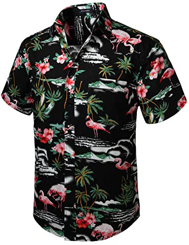 HISDERN Men Funky Hawaiian Flamingo Shirts Short Sleeve Front Pocket Holiday Summer Aloha Printed Beach Casual Black Hawaii Shirt XL
