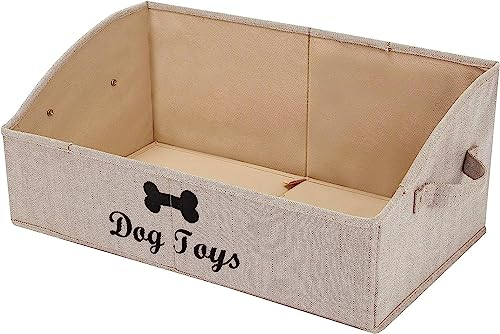 Geyecete Large dog toy bin dog toy box storage box - Foldable Fabric Trapezoid Organizer Boxes with Handle, Collapsible Basket for Dog Toys (KhakiStripe-DOG)