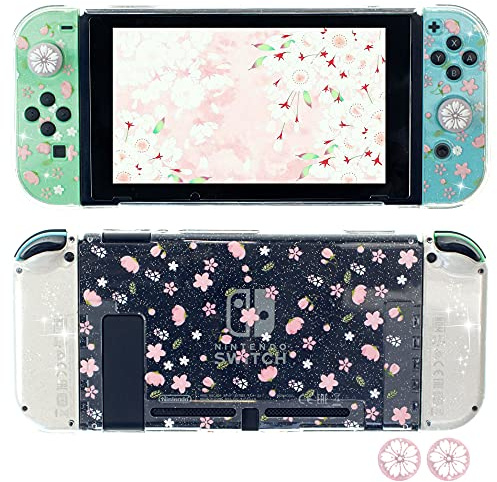 FANPL Glitzer-Schutzhülle für Nintendo Switch, Hartschale, niedliche Schutzhülle für Switch und Joy Con Controller mit 2 glitzernden Kirschblüten, Daumengriffen, geprägtes Gefühl (rosa Sakura Snow)