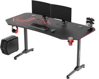 ULTRADESK Frag XXL | Computertisch Gaming-Schreibtisch mit großer Arbeitsfläche & XXL-Pad, 2 Kabeldurchlässe | Gut für Home Office, Fach für Steckdosenleisten | Stahlgestell, Rotes Pad, 160x75 cm