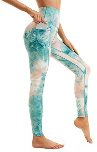 AMYTIS Sport Leggings Damen High Waist Yogahose mit Handyfach Lang Sporthose Blickdicht Leggins Fitness Bunt Sportleggins,XL hellgrün