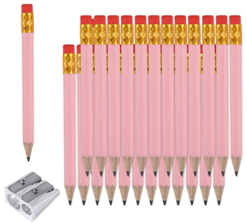 AIEX 25 Stück Bleistifte mit Radiergummi, 4 Zoll/ 10 cm Mini Bleistifte HB Sechseckige Golf Bleistifte mit 1 Spitzer für Kinder Schule Büro Babyparty Hochzeit (Rosa)