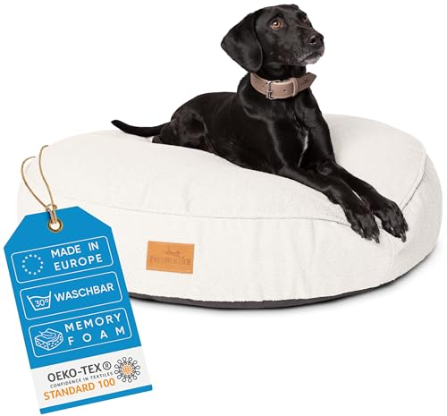 FREUDENTIER Hundebett XL 100cm rund - Memory Foam - flauschig & waschbar - Made in EU - Hundekissen für mittelgroße & Grosse Hunde - Hundematratze in Cremeweiß