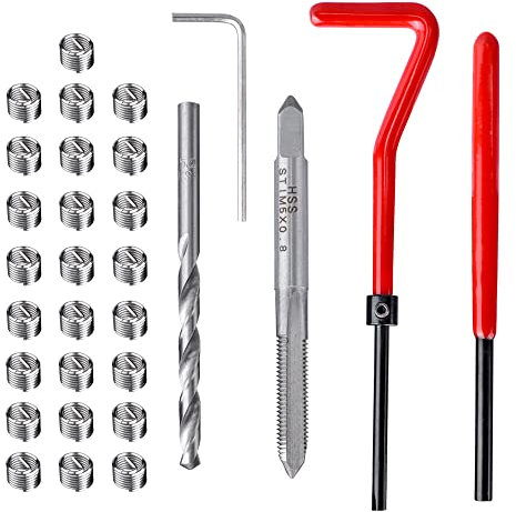 Mesee 30Pcs Outils de Réparation de Filetage M5 Ensemble Réparation Filetage avec Foret Hélicoïdal Taraud Clé Inserts Filetés en Acier Inoxydable pour Réparation Filetage Cassé Automobile