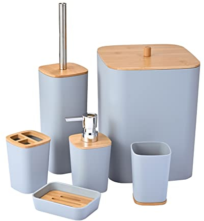 Yorkmills Bamboo Bathroom Accessories set, 6 Pieces Bathroom Accessory Set, Bathroom Bin And Toilet Brush Set, Durable Toothbrush Holder Cup, Soap Dispenser With Pump, Soap Dish Holder