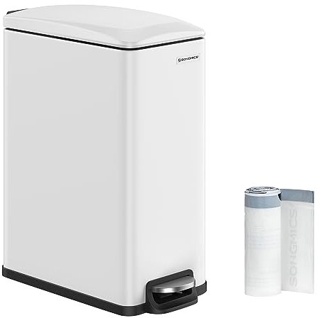 SONGMICS ULTB510W48 Schlanker Mülleimer, 50-Liter-Müllbehälter für enge Räume mit Soft-Close-Deckel, Inneneimer und Tretpedal, Edelstahl, 15 Müllbeutel enthalten, Weiß