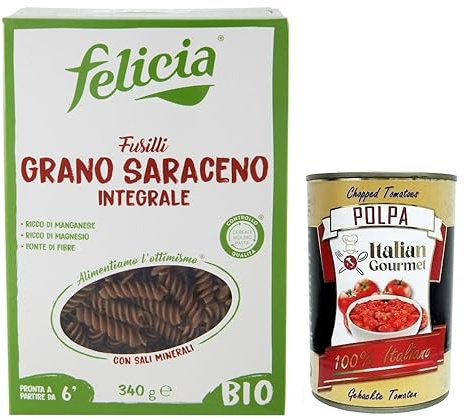 Italian Gourmet Fusilli grano saraceno integrale Pasta glutenfrei 1 x 340g | Biologico e natürlich, aus Buchweizenmehl für leichte Küche senza, Gesamtnettogewicht 340 g + Kostenlos Polpa 400g