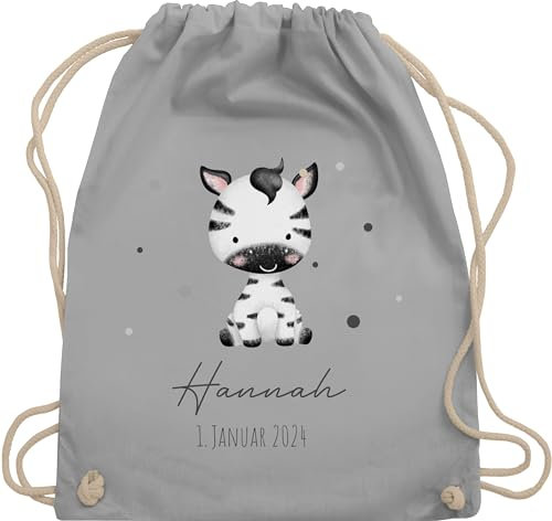 Turnbeutel Rucksack - Zebra mit Name und Datum - Geburtstag Geburt Tiermotiv Geschenk - Unisize - Hellgrau