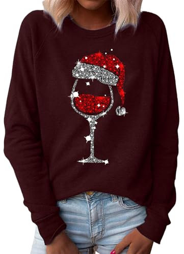 Weihnachtspullover Damen Sweatshirt Mode Weinglas Gedruckt Langarmshirt Herbst Winter Rundhals Pullover Christmas Xmas Pulli Shirt Oberteile Lose Casual Oberteile Tops