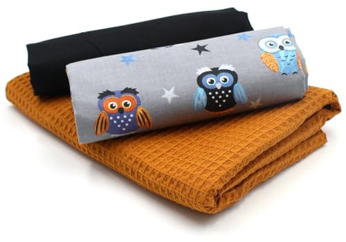 VmG-Store Waffelpique + Baumwollstoff Set farblich abgestimmt Waffel Stoff 100% Baumwollstoff Tex Standard 100 (Eulen Grau Set06)