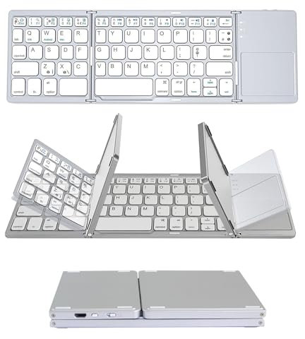 Bluetooth Foldable Keyboard, Mini Folding Wireless Keyboard with Trackpad, Portable Small Travel Rechargeable Bluetooth Keyboard with Touchpad for Tablet Phone iPad Windows iOS Android, QWERTY, White