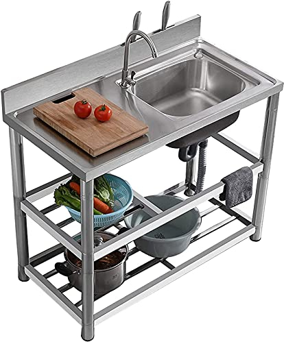 Fregadero de acero inoxidable para hostelería Fregadero de cocina comercial Lavabo de un seno con soporte de doble capa y grifo para lavadero/cuarto de servicio Cocina Garaje