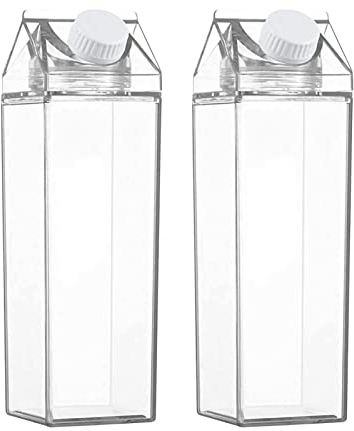 Poupangke Milchkarton Wasserflasche, 2 Stück Klare Wasserflasche Transparente, Klare Quadratische Milchflasche Auslaufsichere Plastikwassersaftflasche Für Outdoor-Sportreisen Camping Klettern