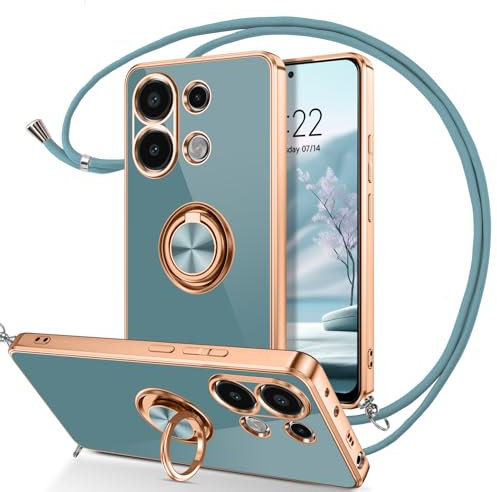 DOMAVER Anneau Coque Xiaomi Redmi Note 13 4G Cordon et Bague 360 Rotatif, Etui Douce Microfibre Doublure, Housse Xiaomi Redmi Note 13 4G avec Collier de Lanière, Bleu Gris