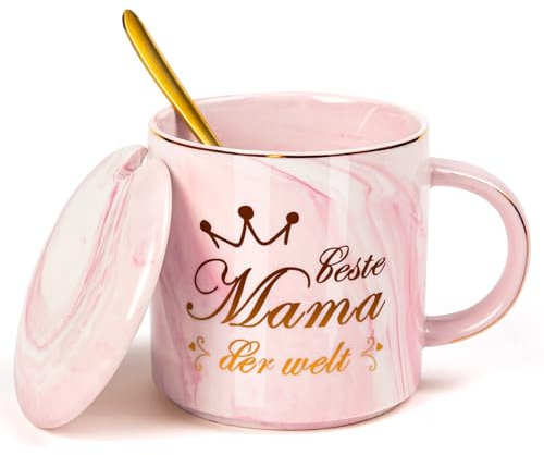 Festa Della Mamma Idee Regalo Donna Tazzine Caffe Regali Festa della Mamma Regalo Donna Compleanno Regalo AmicaTazza da Caffè in Marmo in Ceramica Tazza da tè con Coperchio 360 ML Pacco Regalo (Rosa)