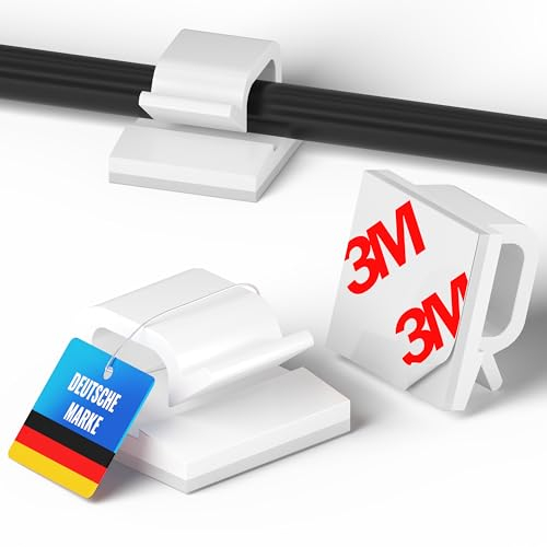 MEISTERWERK Kabelhalter Selbstklebend – 60 Stück I Mit stärkstem 3M Kleber (Weiß) - Kabelclips für Kabelmanagement - Outdoor Kabel Clips mit Klebebändern – Kabelklemmen