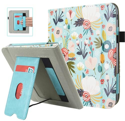 DMLuna Étui pour 7 Kobo Libra Colour Model:N428 2024 / Libra 2 Model:N418 2021, Fonction Veille/Réveil Automatique, Support Intégré, Emplacements pour Cartes, Dragonne, Fleur