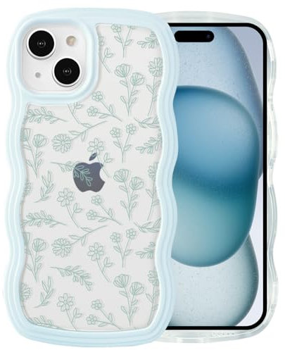 QLTYPRI for iPhone 13 Case/iPhone 14 Case, Cute Curly Wave Frame Clear Case for Girls Women, Flower Clear TPU Bumper Slim Soft Silicone Shockproof Phone Cover for iPhone 13/14 - Light Blue Floral