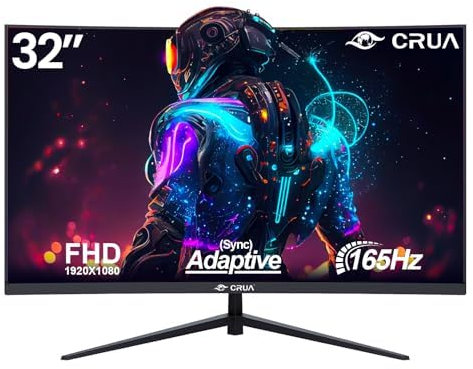 CRUA 32'' Curved Gaming Monitor, FHD 1080P, 165Hz, 1ms GTG, 1500R Curvature, 99% sRGB, FreeSync, Low Blue Light, VESA Mount, HDMI & DP Ports, Black