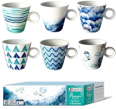 kasaviva Set 6 Tazzine Tazze Caffè in Ceramica senza Piattini Ocean