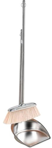 NIDONE Metal Dustpan And Brush,Dustpan and Brush Sets Stainless Steel Long Handled Dustpan and Brush Heavy Duty Upright Sweeping Brush with Hanging Hoop for Indoor Household Cleaning Round Shape