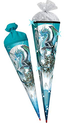 alles-meine.de GmbH Schultüte - mit 3D Glitzer - Effekt ! - Drache/Eisdrache - 35-100 cm - Größe wählbar rund - Tüllabschluß - Zuckertüte - mit/ohne Kunststoff Spitze - Rot..