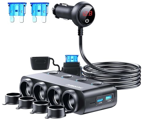 Cigarette Lighter Splitter 216W 4 Socket Car Cigarette Lighter Adapter Heavy Duty Truck Car USB Chager Multi Port USB C 12V/24V Independent Switches & Dust Cover & Waterproof for Car Devices