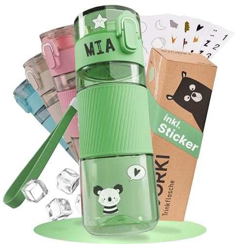 BJORKI Trinkflasche Kinder auslaufsicher 350ml inkl. BONUS Namenssticker – Kleine Trinkflasche für Kindergarten – Kohlensäure geeignet & Spülmaschinenfest – Robuste Water Bottle Kids