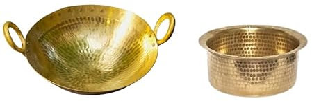 Indian Hammered Brass Kadai/Wok with Brass Patila Cookware Set Pital Ki Kadai 1 Litre with Brass Milk Pot 1 Litre Brass Karahi/Bhagona/Patila