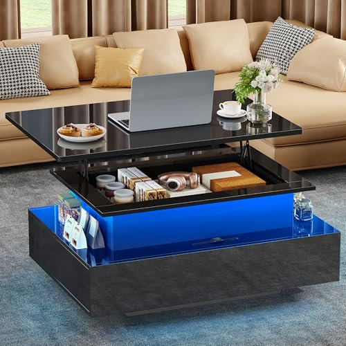 YITAHOME Table Basse Relevable, Table de Salon Rectangulaire avec 16 LED colorées Moderne et 2 Tiroirs, Surface avec Lumière Elevée