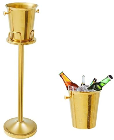 WUDLEP Ice Bucket with Stand, 5L 201 Stainless Steel Champagne Cooler Chiller, Champagne Ice Bucket with 90cm Base Luxurious Decoration for BBQs Parties, Bars Cooling Bottles (Gold)