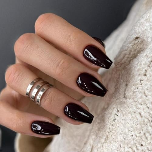 SXVME Black False Nails Coffin Medium Short Press on Nails Glossy Gel Full Cover Fake Nails for Women, Short Ballerina Acrylic Nails for Daily Wear 24 Pcs