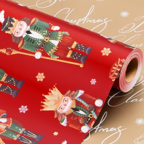 Wikadlik Weihnachts-Geschenkpapier Rolle - Nußknacker, Trommel, Schneeflocke und Zuckerstange Design Rot Geschenkpapier - 43 cm x 10 m