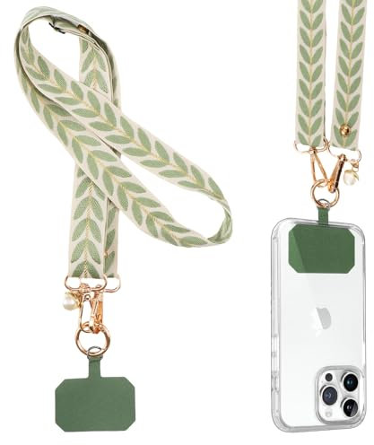 Knrlqim Cordon Telephone Portable Universelle Collier Réglable, Sangle Large en Tissu pour Femme,Lanières Large de Smartphone en Bandoulière avec Patch, Compatibles avec Plupart des Smartphones,Vert