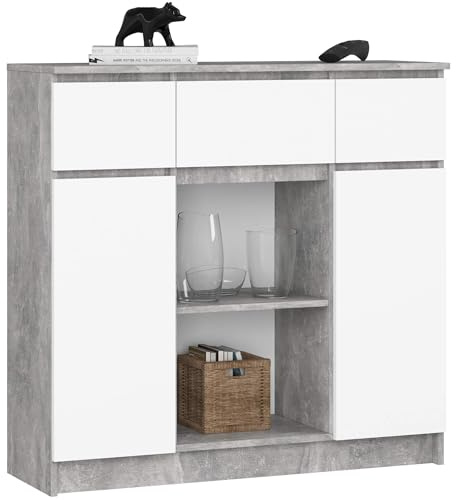 AKORD Kommode K100 mit 3 Schubladen, Schrank mit 2 Tür 6 Regalböden, Für das Wohnzimmer Schlafzimmer, Moderne, 16mm Laminierte Platte, B101xH98xT35 cm, Farbe Beton & Weiß