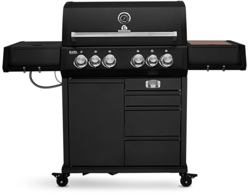 BURNHARD 4-Brenner Gasgrill Edelstahl inkl. Heckbrenner, mit Edelstahl Grillrost & inkl. stabiler Abdeckhaube, Seitenkochfeld mit Infrarot Keramikbrenner - Big EARL Black