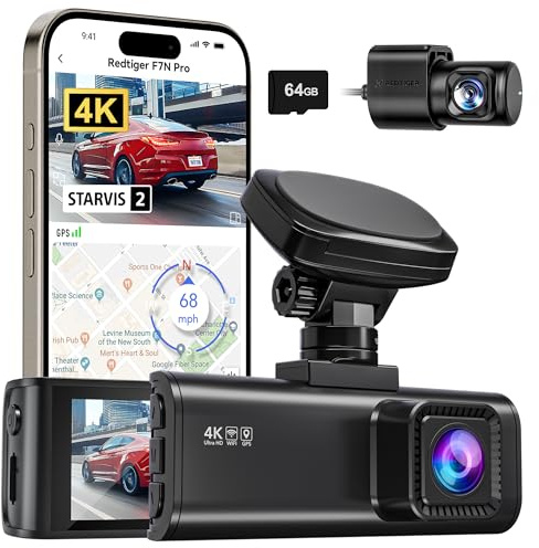 REDTIGER 4K Dashcam Auto Vorne Hinten, STARVIS 2 Sensor mit 64GB Karte, 4K/2.5K+1080P Dual Dashcam mit Eingebautem WiFi GPS, 3,18 IPS, 170° Weitwinkel,24/7 Parküberwachung, Loop-Aufnahme,WDR (F7N Pro