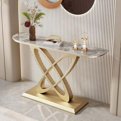 GAOCUNBING Table console moderne avec base en métal, table d'entrée en imitation marbre, table de couloir moderne étroite avec pieds géométriques en métal pour salon, couloir, entrée D, 100 cm