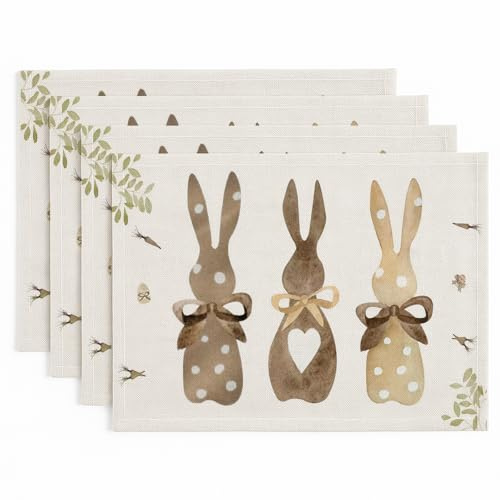 Vorysum Ostern Platzset 32x45 cm – Tischset mit Hasenmotiven und Schleifenherz, 4er Set aus Leinen, Schöne Osterdeko für Tisch und Küche