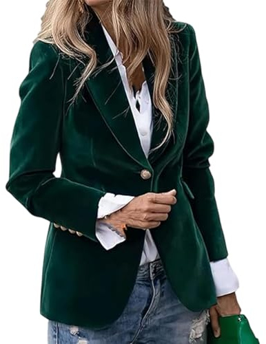 Women’s Velvet Blazer Jacket, Business Casual Button Up Notched Lapel Long Sleeve Coat for Work Office Outfits