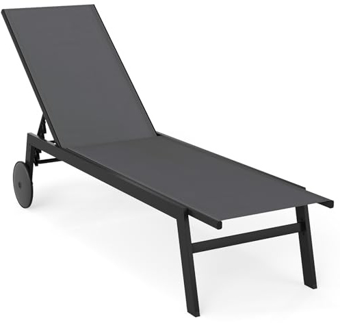 GOPLUS Transat Jardin Exterieur en Tissu Respirant à Dossier Inclinable 6 Positions, Chaise Longue Bain de Soleil Mobile avec 2 Roues pour Bord de Piscine,Charge 150KG (64x190x33,5-99CM,Gris,2)
